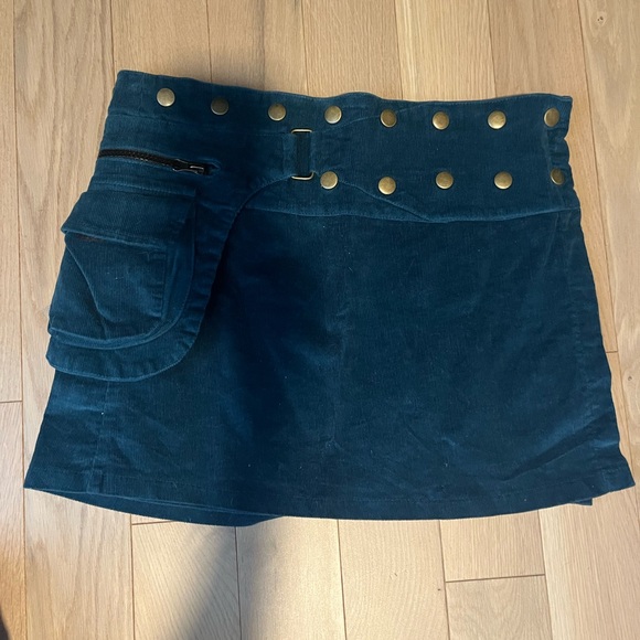 Dark Teal Corduroy Mini Skirt with Studded Waist adjustable - Picture 2 of 11